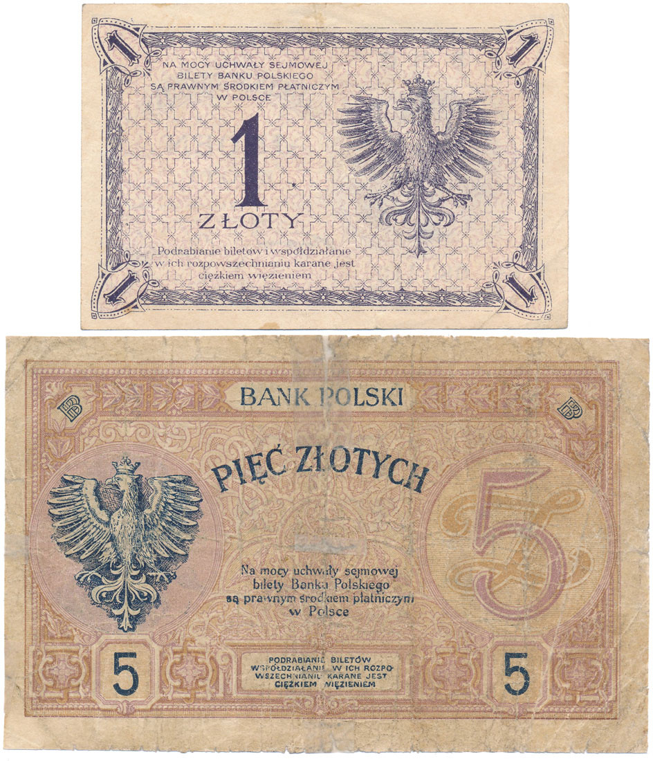 1 złoty 1919 S.81.C. i 5 złotych 1919 S.74.A. zestaw 2 banknotów